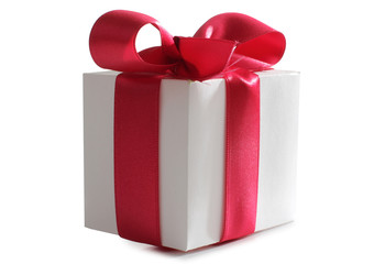 Paper box and ribbon on white background