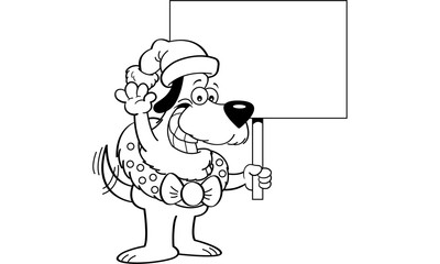 Black and white illustration of a dog wearing a Santa hat and wreath holding a sign.