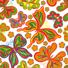 Seamless floral background with butterflies. Summer beautiful abstract pattern.