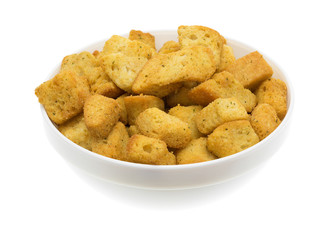 Bowl of large croutons on a white background