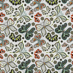 Seamless floral background with butterflies. Summer beautiful abstract pattern.