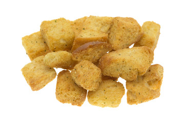 Large seasoned croutons on a white background
