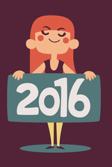 Cartoon Girl Celebrating Holding a 2016 New Year Sign