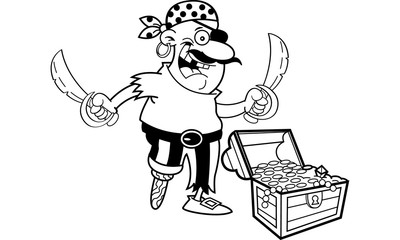 Black and white illustration of a pirate with a treasure chest.