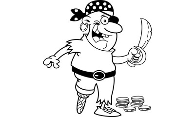 Black and white illustration of a smiling pirate with a peg leg holding a sword.