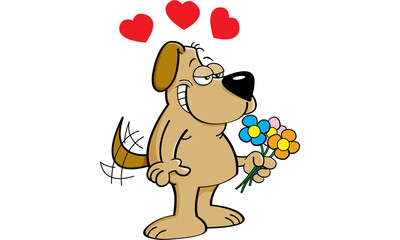 Cartoon illustration of a dog in love holding flowers.