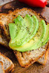 toast with fresh avocado and pepper, healthy snack, closeup