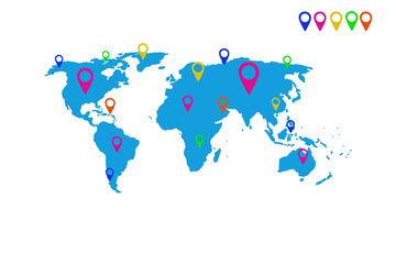 Fototapeta na wymiar World map with location pins