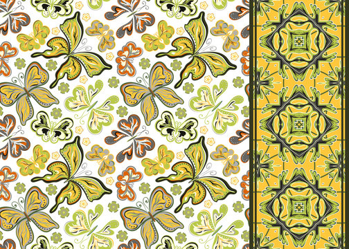 Seamless pattern with colorful vintage butterflies and flowers. Hand draw vector background