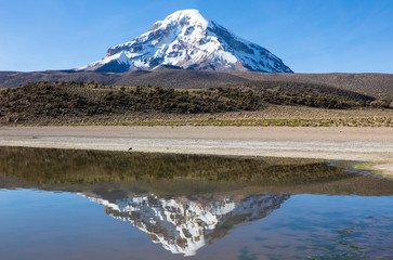 Sajama volcano and lake Huayñacota. Andean Bolivia