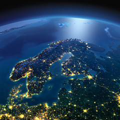Detailed Earth. Europe. Scandinavia on a moonlit night - 97384323