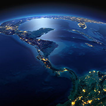 Detailed Earth. The countries of Central America on a moonlit ni