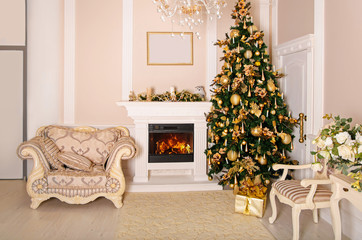 Luxurious interior with Christmas tree and fireplace.
