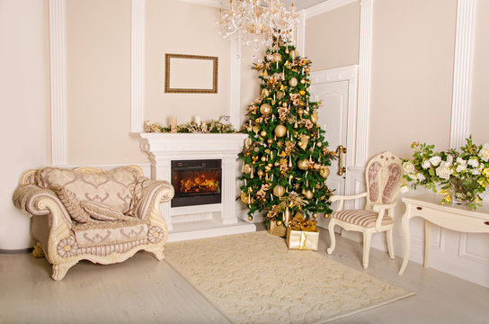 Luxurious interior with Christmas tree and fireplace.
