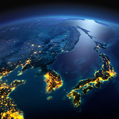 Fototapeta na wymiar Detailed Earth. Korea and Japan on a moonlit night