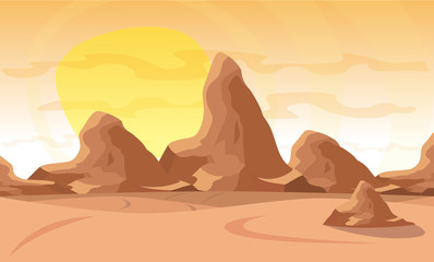 Vector illustration. Desert landscape with a chain of high mountains on the horizon