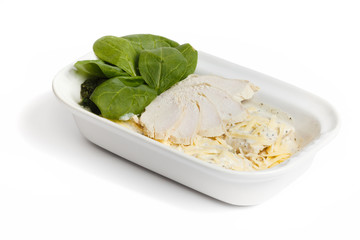 Ham, cheese in a bowl, isolated