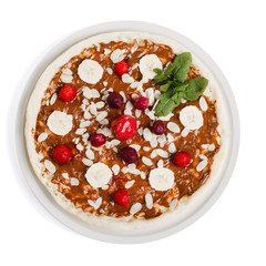 Sweet pizza, top view, isolated