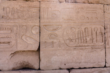 Egyptian hieroglyphs. Hieroglyphic carvings on a wall