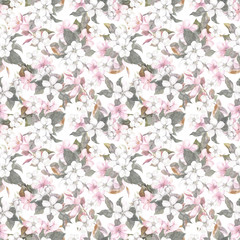 Obraz na płótnie Canvas Seamless repeated floral pattern - pink cherry (sakura) and apple flowers. Watercolor 