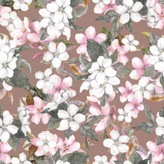 Seamless repeated floral pattern - pink cherry (sakura) and apple flowers. Watercolor 
