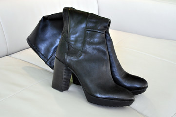 Leather boots in shop, accessory