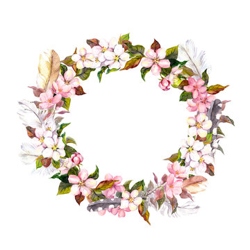 Vintage frame - wreath in boho style. Feathers and spring flowers (cherry, apple flower blossom). Watercolor