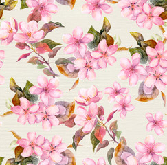 Pink apple, cherry (sakura) blooming flowers. Seamless floral tiled swatch. Watercolor on paper background 