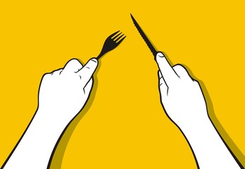 Hands holding fork and knife eating