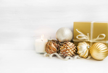 Golden Christmas tree ornaments with pearly balls decoration and