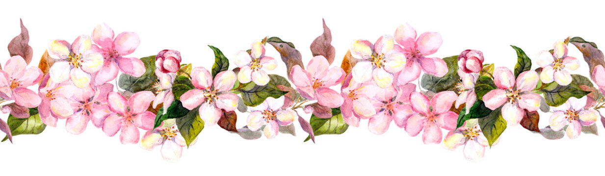 Seamless repeated floral border - pink cherry (sakura) and apple flowers. Watercolor 