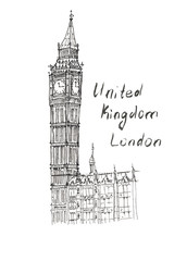 Sketch Big Ben United Kingdom London lettering isolated
