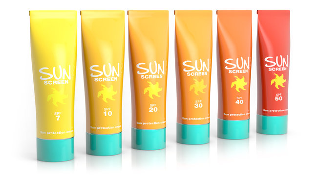 set of sunscreen lotions isolated on white background