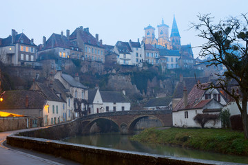 Fototapeta premium Foggy twilight in Semur-en-Auxois. Burgundy, France