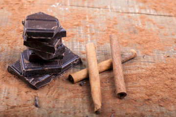 Fototapeta na wymiar Delicious chocolates and cocoa powder