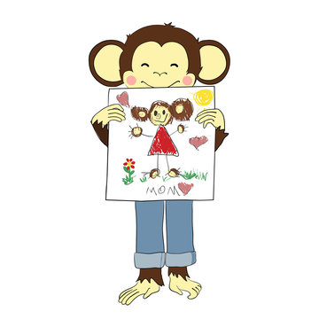 Mother's day. Monkey holds drawing of his mother.