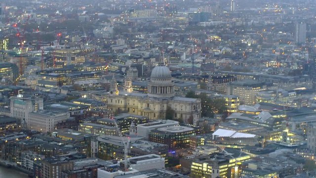 Aerial panoramic view of the City of London around St Paul cathedral after sunset