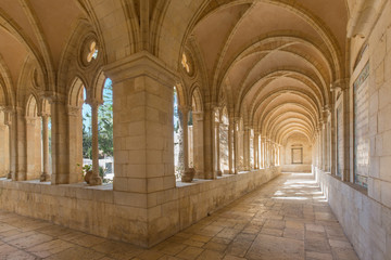 Fototapeta na wymiar Jerusalem - The atrium in Church of the Pater Noster on Mount of Olives.