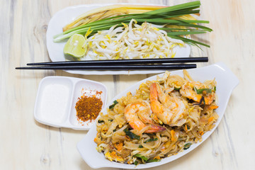 Thai food Pad thai is fried with shrimp Thailand style original banana leaf bottom groove.