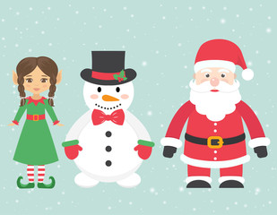 santa claus and girl elf with braid and snowman