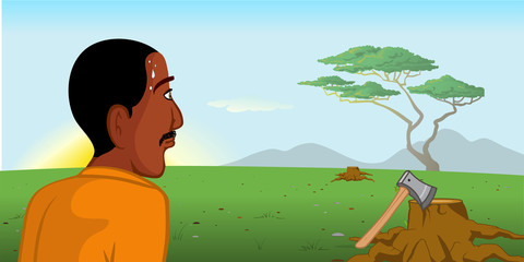 cartoon vector illustration of a African man chopping wood