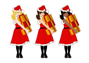 Santa Girl Blonde Brown Black Holding Presents Pile Vector Illustration
