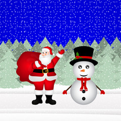 Snowman and Santa Claus in a Christmas forest