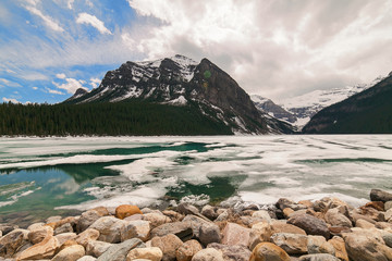 Frozen waters of Lake Louise, Banff National Park, Alberta, Canada