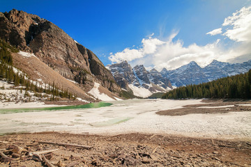 Frozen water of Moraine Lake, Banff National Park, Alberta, Canada