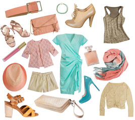 Female clothes collage.Women apparel set.Isolated.