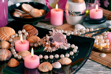 Obraz na płótnie Canvas Spa decoration lilies and sea shells for relaxation