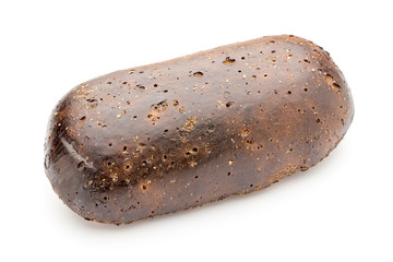 Dark rue bread on a white background.