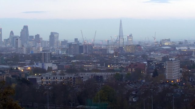 Aerial panoramic view of the Skyline of the City of London at sunset