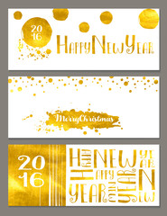 Holiday Banners - Horizontal New Year and Christmas banners with gold foil and simple, abstract, hand drawn decorative design elements